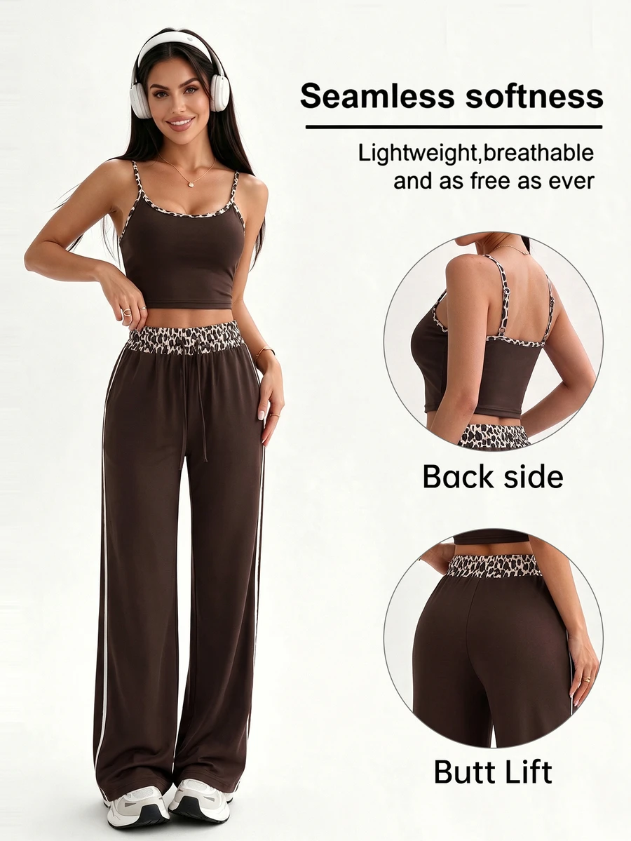 Easithlete Easithlete Satu Set Pakaian Olahraga Rumahan Dua Potong yang Terdiri dari Atasan Halter Bermotif Leopard Cokelat dan D Bermotif Leopard - MultiWarna - View 1