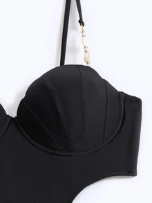 SHEIN Swim 女性一件式泳衣,腰部帶有切割設計 - 黑色 - 查看 6