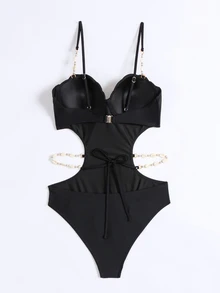 SHEIN Swim 女性一件式泳衣,腰部帶有切割設計 - 黑色 - 查看 5