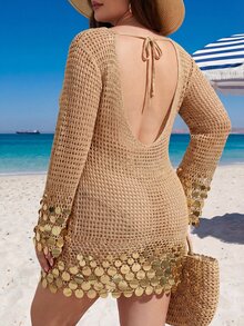 Swim Vcay Plus Size Women Crochet Sequin Long Sleeve Backless Crochet Cover Up Dress - Khaki - View 2