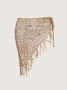 Swim Vcay Conjunto de falda y cubrecuerpo con patrón calado de conchas tejido a mano al estilo playa - Caqui - Ver 7