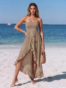 Swim Vcay Women's Solid Color Ruffle Hem Slit Design Casual Tropical Sexy Vacation Cover-Up Dress Beach Party Khaki Green Summer - Khaki - View 6
