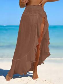 SHEIN Swim Springbreak Women's Pleated Waist Lotus Edge Sheer Beach Maxi Dress With Slits For Summer Beach Vacation - Khaki - View 5