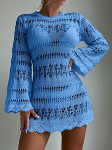 SHEIN Swim 鏤空貝殼邊罩衫連衣裙不附帶比基尼套裝 - 藍色 - 查看 4