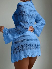 SHEIN Swim 鏤空貝殼邊罩衫連衣裙不附帶比基尼套裝 - 藍色 - 查看 3