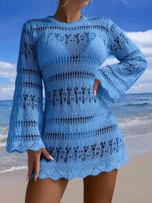 SHEIN Swim 鏤空貝殼邊罩衫連衣裙不附帶比基尼套裝 - 藍色 - 查看 2
