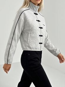 Elnivra Women's Striped Colorblock Embroidered Sports Jacket - Light Grey - View 4