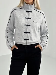 Elnivra Women's Striped Colorblock Embroidered Sports Jacket - Light Grey - View 3