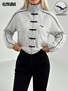 Elnivra Women's Striped Colorblock Embroidered Sports Jacket - Light Grey - View 1