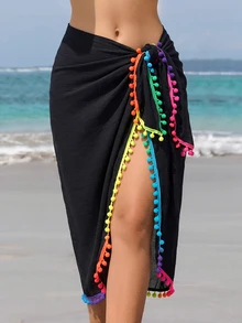 SHEIN Swim Women's Vacation Pom Pom Trim Side Tie Wrap Skirt - Black - View 2