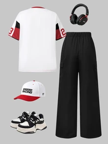 SHEIN American Retro Streetwear Baggy Girl Outfit Set Cream White Black Colorblock Sweet Cool Style California Elements Sixth Form Party Formal Summer - Black - View 2