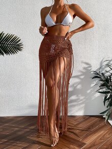 SHEIN Swim 女士纯色镂空流苏下摆罩衫裙，适合海滩和度假夏季 - 咖啡棕 - 查看 7