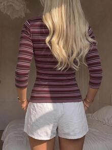 SHEIN EZwear 休閒極簡風 95% 棉棕色與粉色條紋短袖 T 恤，顯白，適合春夏，春夏穿搭，夏季上衣，適合日常通勤、約會、派對、秋冬春夏、聖誕節、新年、感恩節、派對、婚禮、海灘、畢業、時尚 - 彩色 - 查看 2