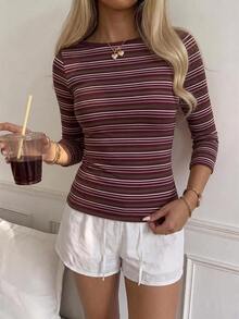 SHEIN EZwear 休閒極簡風 95% 棉棕色與粉色條紋短袖 T 恤，顯白，適合春夏，春夏穿搭，夏季上衣，適合日常通勤、約會、派對、秋冬春夏、聖誕節、新年、感恩節、派對、婚禮、海灘、畢業、時尚 - 彩色 - 查看 6