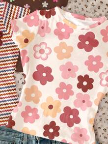 3pcs/Set Tween Girls Casual T-Shirts,Brown And White Polka Dot,Summer,Cute,School,Back-To-School,Floral Striped Round Neck Short Sleeve Basic Tops - Multicolor - View 5