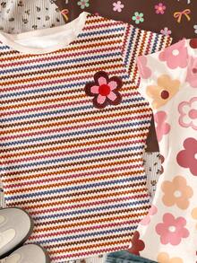 3pcs/Set Tween Girls Casual T-Shirts,Brown And White Polka Dot,Summer,Cute,School,Back-To-School,Floral Striped Round Neck Short Sleeve Basic Tops - Multicolor - View 4