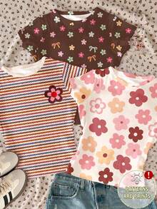 3pcs/Set Tween Girls Casual T-Shirts,Brown And White Polka Dot,Summer,Cute,School,Back-To-School,Floral Striped Round Neck Short Sleeve Basic Tops - Multicolor - View 1