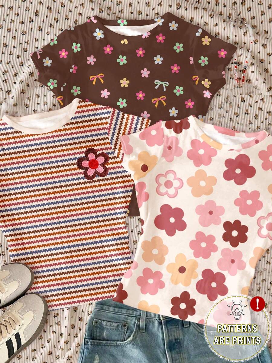 3pcs/Set Tween Girls Casual T-Shirts,Brown And White Polka Dot,Summer,Cute,School,Back-To-School,Floral Striped Round Neck Short Sleeve Basic Tops - Multicolor - View 1