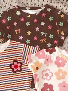3pcs/Set Tween Girls Casual T-Shirts,Brown And White Polka Dot,Summer,Cute,School,Back-To-School,Floral Striped Round Neck Short Sleeve Basic Tops - Multicolor - View 3