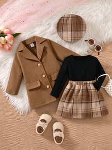 Souflis Souflis 女嬰 3 件套 秋冬款 優雅親子套裝 高質感校服風公主洋裝 秋季拍照用 祖母綠 白色 綠色格紋 - 卡其色 - 查看 4