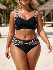 SHEIN Swim 2026 New Plus Size Women 2 Pieces Set Black V-Neck Top With High Waist Printed Belt Pants, Beach Vacation, Summer Holiday Outfit, Party Sexy Elegant - Multicolor - View 7