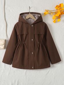 Tween Girl Autumn/Winter Casual Tween Girl Kids Solid Color With Floral Lining Hooded Wool Coat, Back To School - Brown - View 8