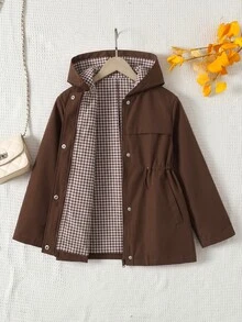 Tween Girl Autumn/Winter Casual Tween Girl Kids Solid Color With Floral Lining Hooded Wool Coat, Back To School - Brown - View 9