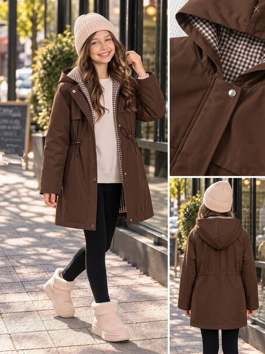 Tween Girl Autumn/Winter Casual Tween Girl Kids Solid Color With Floral Lining Hooded Wool Coat, Back To School - Brown - View 1