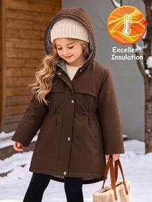 Tween Girl Autumn/Winter Casual Tween Girl Kids Solid Color With Floral Lining Hooded Wool Coat, Back To School - Brown - View 4