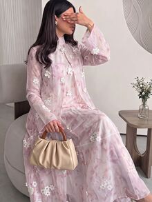Yasveil 女款花卉優雅休閒阿拉伯風洋裝 - 粉色 - 查看 3