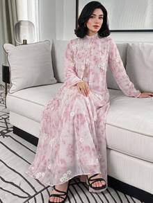 Yasveil 女款花卉優雅休閒阿拉伯風洋裝 - 粉色 - 查看 1