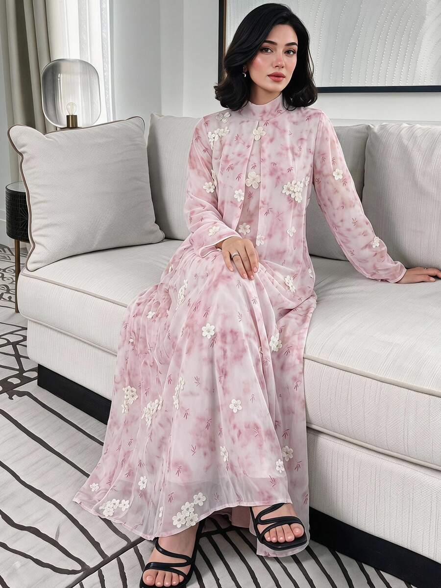 Yasveil 女款花卉優雅休閒阿拉伯風洋裝 - 粉色 - 查看 1