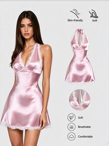 Sweetra Vestido sexy de mujer para verano con escote en V, ribete de encaje, corte A ajustado, rosa y blanco, para cita nocturna y salida nocturna - Rosa - Ver 6
