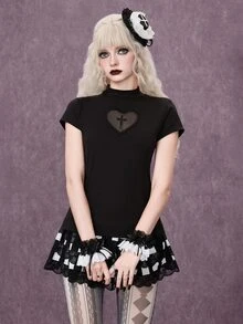 ROMWE Women's Stand Collar Mesh Patchwork Slim Fit Versatile Casual Sexy Goth Short Sleeve T-Shirt Halloween Night Out Club Black - Black - View 8