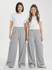 DAZY 女款純色綁帶設計休閒百搭日常旅行長褲，適合嬌小女性 - 灰色 - 查看 3