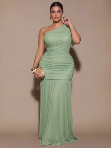 SHEIN BAE CURVE Đầm xếp ly vai bất đối xứng màu xanh cho nữ size lớn, phong cách Giáng Sinh - màu xanh lá - Xem 6