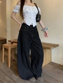 DAZY Women's Striped Pocket Wide Leg Loose Casual Denim Jeans Fall - Black - View 11