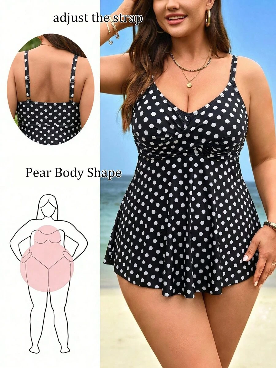 SHEIN Swim Curve 大尺碼女款兩件式黑色印花細肩帶交叉短上衣高腰三角比基尼泳褲套裝 夏季海灘度假全白