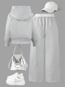 SHEIN ChillGRL 2件組 4-8歲女童街頭風 23號條紋長袖拉鍊連帽外套＋寬腿鬆身長褲套裝，校園 7歲生日運動活力秋季白色 - 灰色 - 查看 2