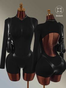 Amplova Women's PU Material Patchwork Sports Romper Yoga Workout Backless Balck Sexy Autumn Long Sleeve - Black - View 6
