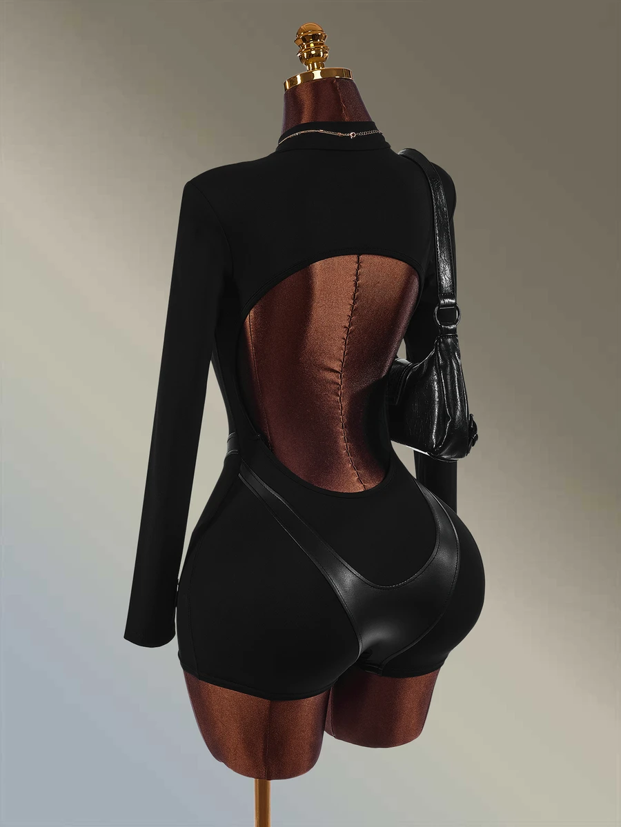 Amplova Women's PU Material Patchwork Sports Romper Yoga Workout Backless Balck Sexy Autumn Long Sleeve - Black - View 1
