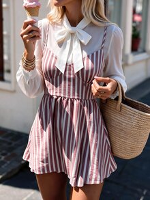 Selianne Women's Striped Print Cup Strap Dress, Summer High Waist Cinched A-Line Slimming Short Dress - Burgundy - View 3