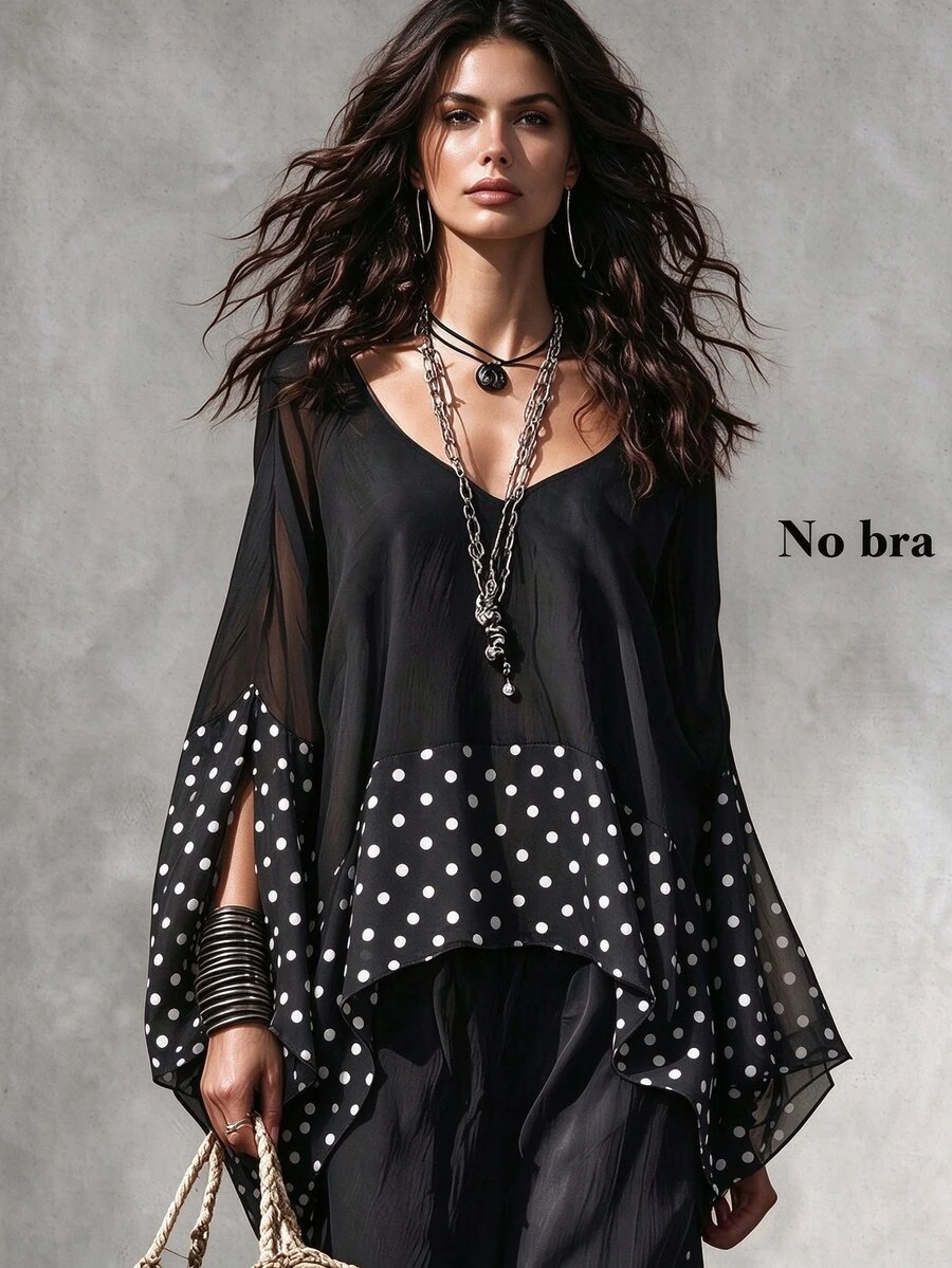 SHEIN New Women's Patchwork Polka Dot Pattern Versatile Slimming Loose Fit Blouse - Black and White - View 1