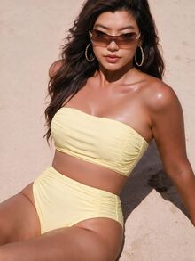 SHEIN Swim 2026 New Spring/Summer Plus Size Women's Solid Color Ruched Bandeau Bikini Set For Vacation And Beach - Yellow - View 1