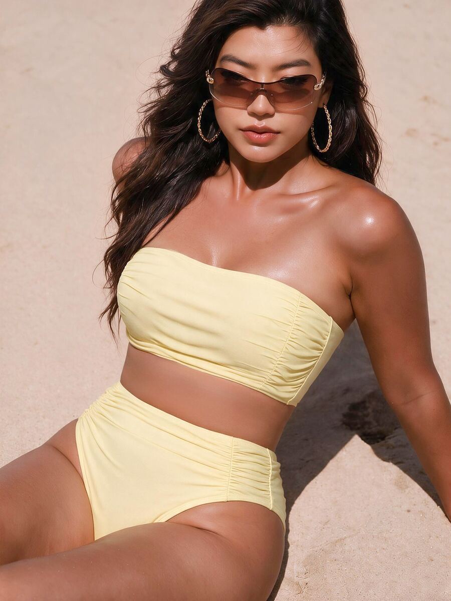 SHEIN Swim 2026 New Spring/Summer Plus Size Women's Solid Color Ruched Bandeau Bikini Set For Vacation And Beach - Yellow - View 1