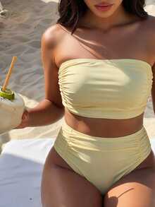 SHEIN Swim 2026 New Spring/Summer Plus Size Women's Solid Color Ruched Bandeau Bikini Set For Vacation And Beach - Yellow - View 3