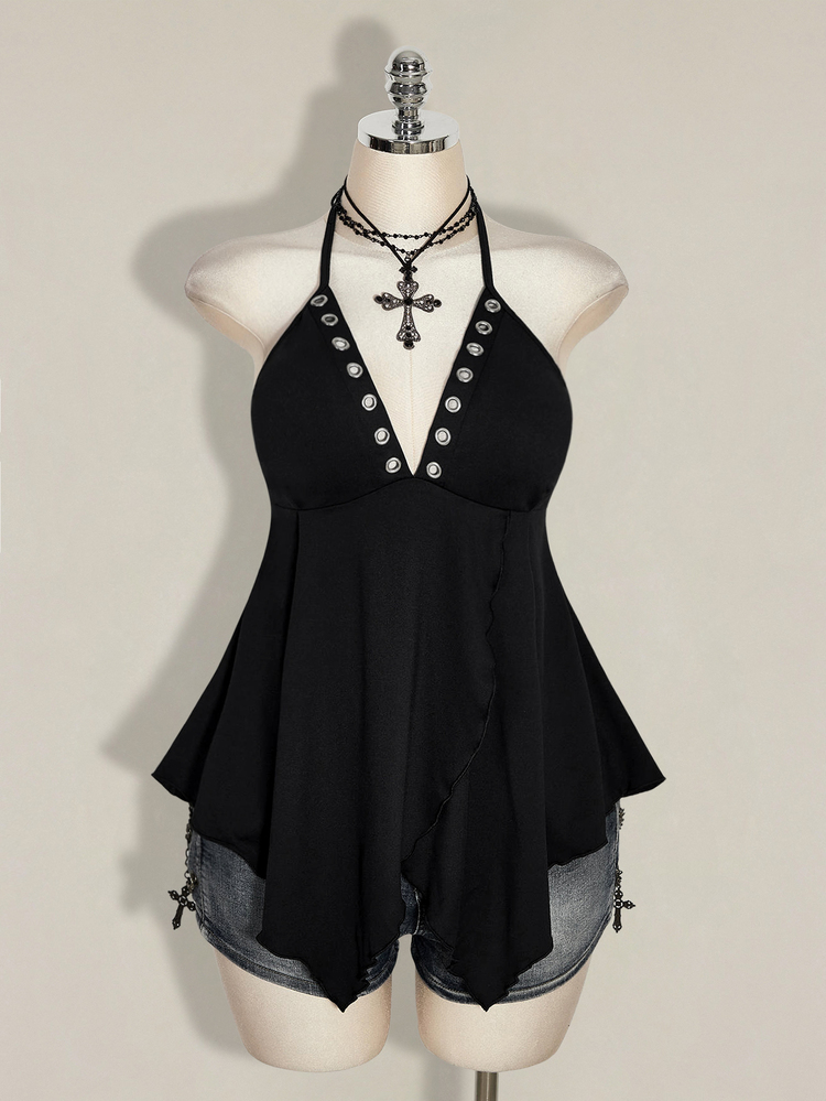 SHEIN ICON Plus Size Y2K Eyelet Decor Halter Neck Black Knit Sexy Top - Black - View 3