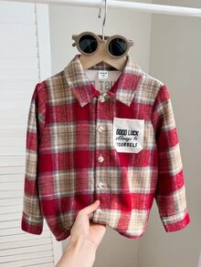 SHEIN 1件兒童小男孩紅色格紋字母印花設計秋冬休閒復古時尚長袖襯衫，柔軟舒適面料，適合日常穿著、外出、聚會、派對、聖誕/新年穿搭 - 紅色 - 查看 6