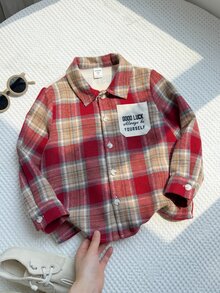 SHEIN 1件兒童小男孩紅色格紋字母印花設計秋冬休閒復古時尚長袖襯衫，柔軟舒適面料，適合日常穿著、外出、聚會、派對、聖誕/新年穿搭 - 紅色 - 查看 9