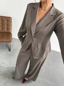 Firerie Plus Size Blazer Lapel Long Sleeve Pocket Button Solid Color Pant Set Elegant Office Business Work Suit Sets Women Fall/Winter Elegant Going Out Sets - Khaki - View 4